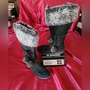 AMERICAN EAGLE WOMENS TALL SUEDE FAUX FUR Black  BOOTS LACED FRONT STYLISH SZ 6